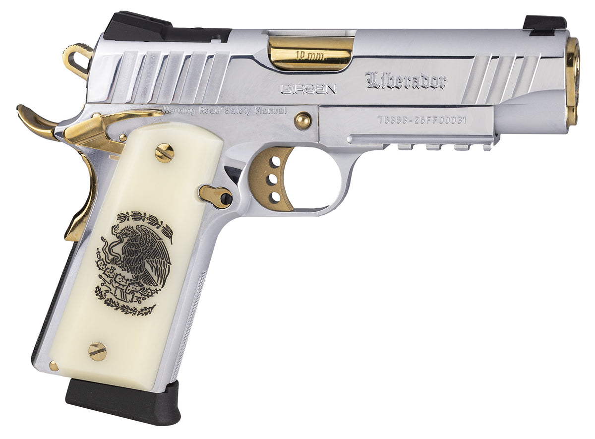Girsan 391620 MC1911 C Liberador Compact 10mm Auto 4.40" Polished Gold PVD Barrel, Polished Chrome w/Gold Controls Serrated slide & Frame w/Beavertail & Picatinny Rail, Pearl Grip