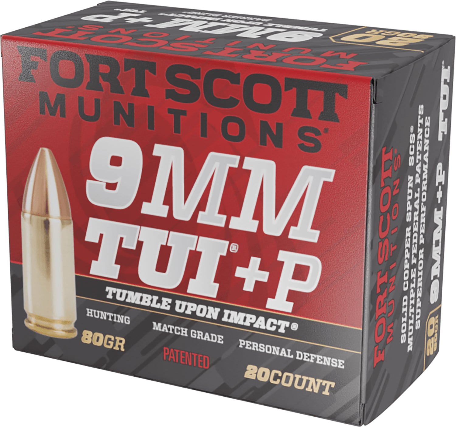 Fort Scott Munitions 9mm Luger / Parabellum Tumble Upon Impact (TUI) +P 80 grain Solid Copper Spun ammunition