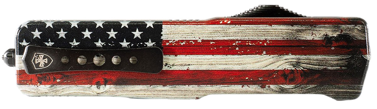 Templar MZWUS121 Weighted Small OTF Dagger Plain Black Oxide D2 Blade, Wood Grain US Flag Aluminum Zinc Handle