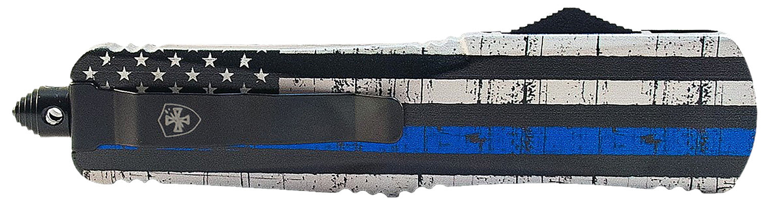 Templar Knife Gen II Back The Blue 2.75" Out-The-Front Drop Point 440C Stainless Blade Glass Breaker Blue Line Handle