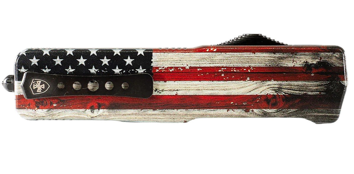 Templar Knife Premium Weighted Slim 3" OTF Tanto Serrated Black Oxide Powder Coated D2 Steel Blade, US Flag Painted Aluminum Handle