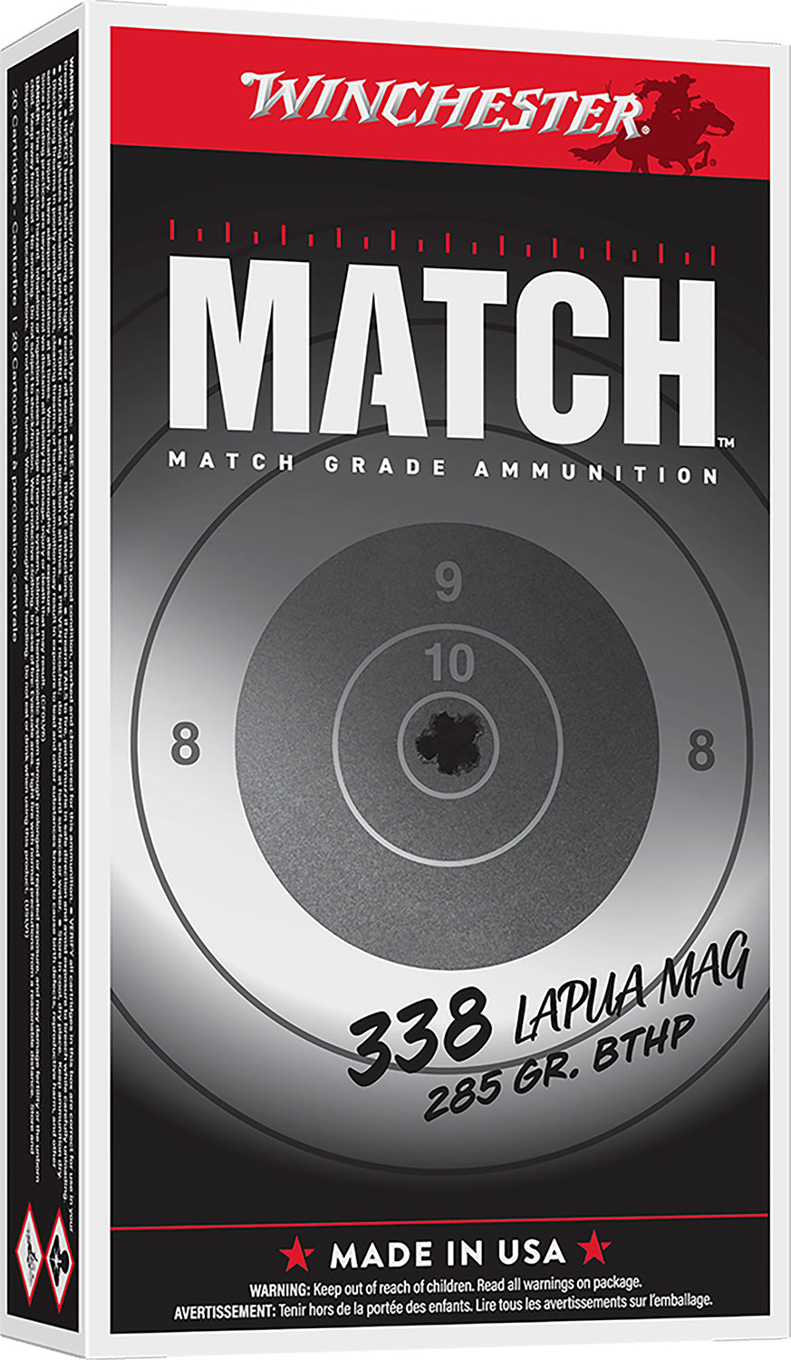Winchester .338 Lapua Magnum MATCH 285 grain Hollow Point Boat Tail ammunition