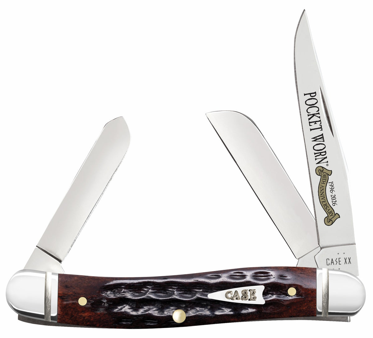 Case 55232 Pocket Worn Stockman Medium Folding Clip Point/Pen/Sheepsfoot Tru-Sharp Stainless Knife, Mahogany Jigged Bone Handle