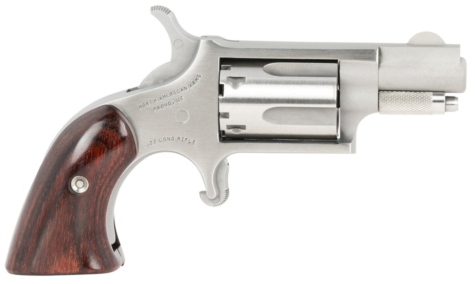 North American Arms 22LRGBG Mini-Revolver Sports South Exclusive 2 LR 5 Shot 1.13" Stainless Steel Barrel, Frame & Cylinder, Wood Boot Grip, Exposed Hammer
