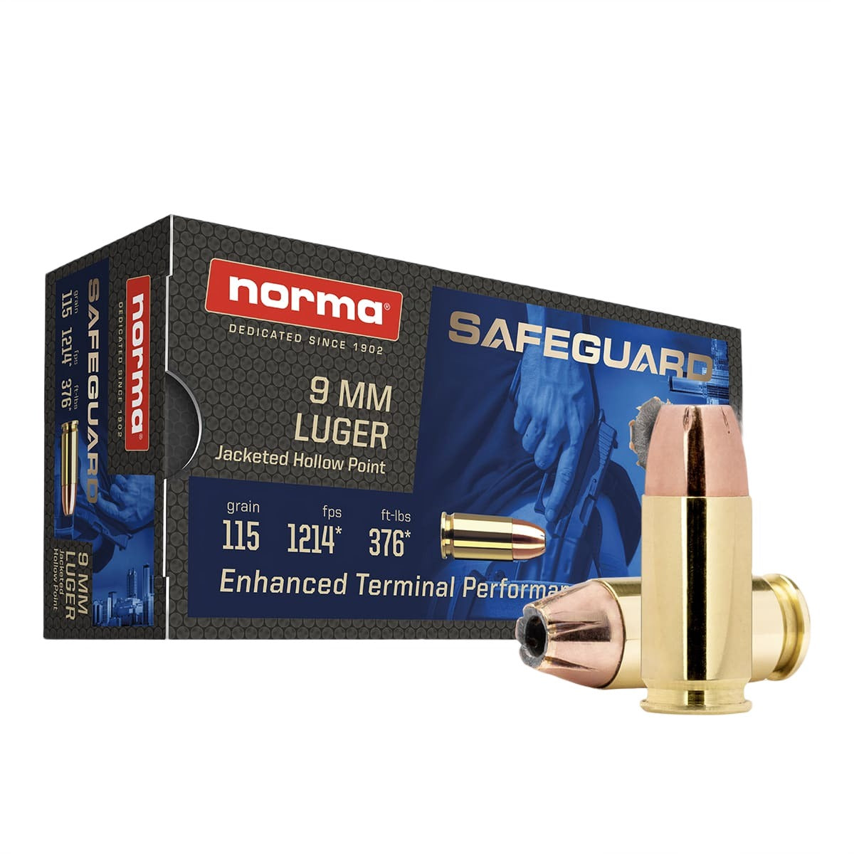 Norma 9mm Luger / Parabellum Safeguard 115 grain Jacketed Hollow Point ammunition