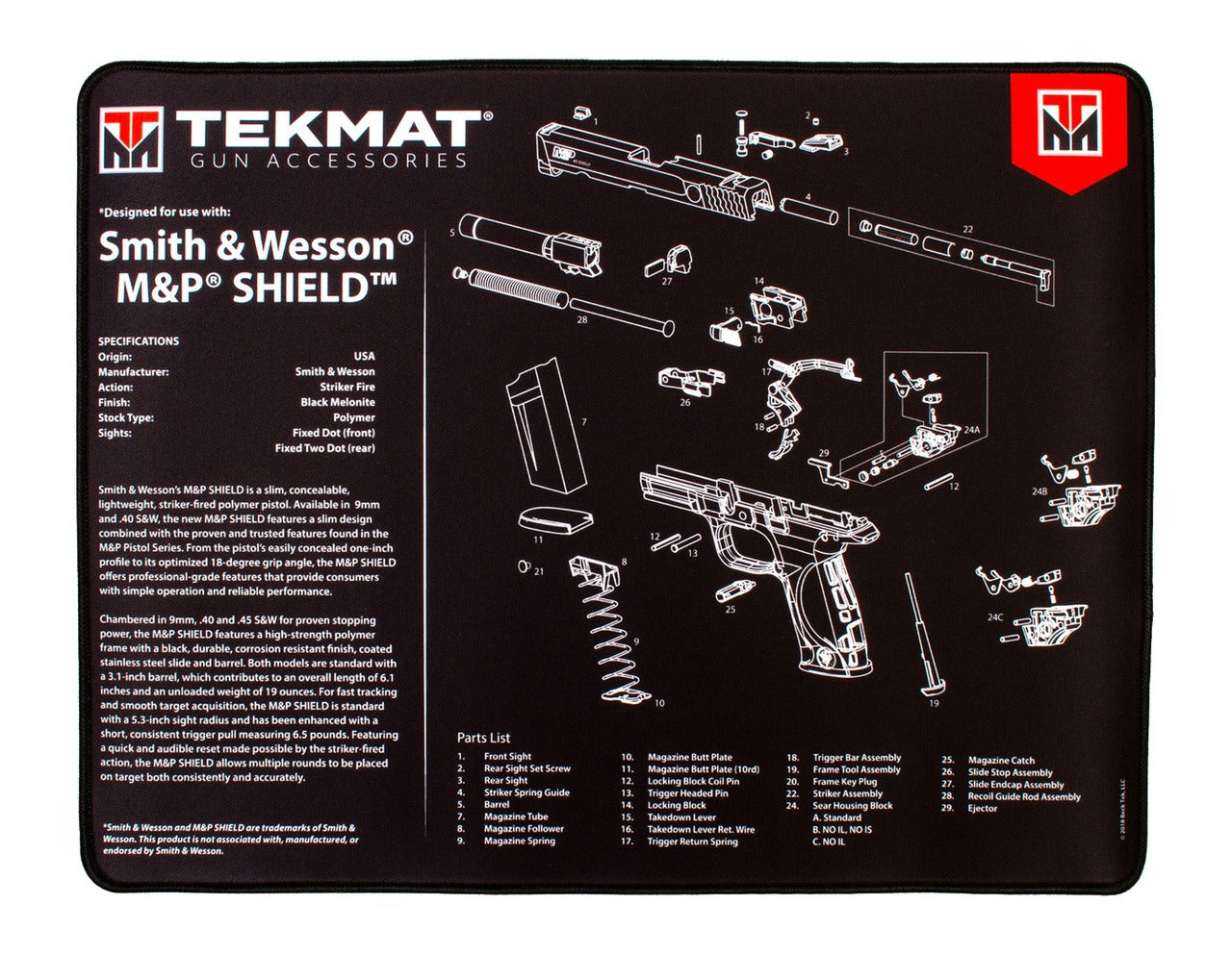 TekMat TEK-R20-SW-MP-SHIELD Smith & Wesson M&P Shield Cleaning Mat, 15x20, Padded with Microfiber Towel