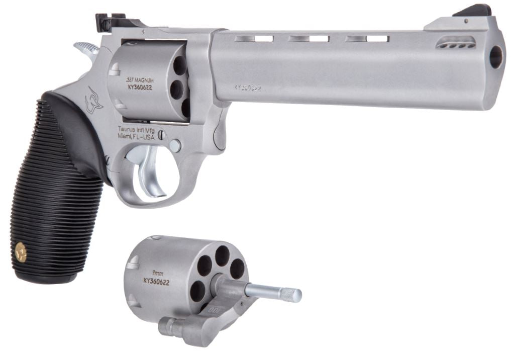 Taurus 2-692069 692 Medium 38 Special +P/357 Mag/ 9mm Luger 7 Shot 6.50" Matte Stainless Vent Rib Barrel, Cylinder & Frame, Black Ribber Grip, Transfer Bar Safety, Exposed Hammer, 2 Cylinders