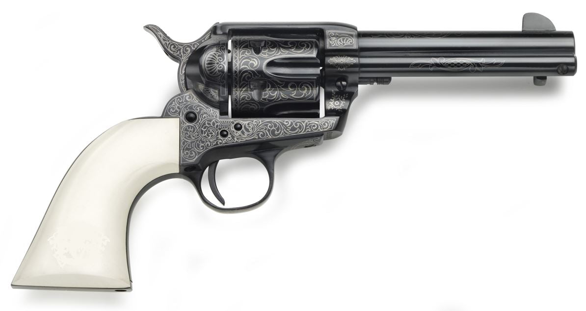 Taylors & Company 200056 1873 Cattleman Outlaw Legacy 45 Colt (LC) Caliber with 4.75" Barrel, 6rd Capacity Cylinder, Overall Blued Engraved Finish Steel & Ivory Synthetic Grip