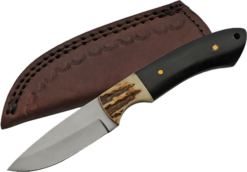 SZCO 7" Stag Horn Fixed Blade Hunting Knife with Leather Sheath