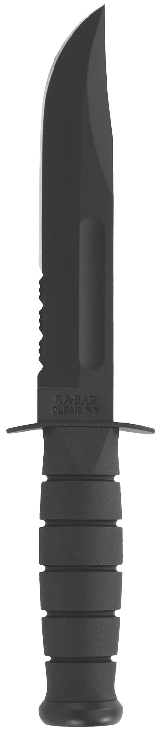 Ka-Bar 1212 7" Fixed Blade Fighting Utility Knife, Partially Serrated Black 1095 Cro-Van Steel, Kraton G Handle