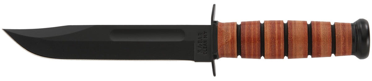 Ka-Bar 1217 7" USMC Fixed Blade Plain Clip Point, Black 1095 Cro-Van Steel, Stacked Leather Handle, Sheath