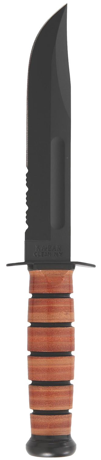 Ka-Bar 1218 7" USMC Fixed Blade Partially Serrated Clip Point, Black 1095 Cro-Van Steel, Leather Handle, Sheath