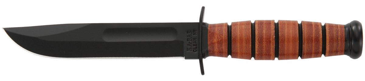 Ka-Bar 1250 5.25" Short USMC Fixed Blade Plain Clip Point, Black 1095 Cro-Van Steel, Leather Handle, Sheath