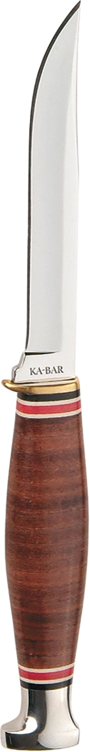 Ka-Bar 1226 Little Finn 3.63" Fixed Blade Plain Polished SS Hunter, Brown Leather Handle, Brass Guard, Sheath