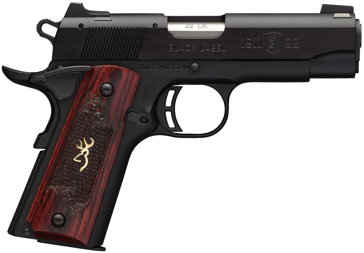 Browning 051852490 1911 Black Label Medallion Compact 22 LR 10+1, 3.63" Target Crown Barrel, Matte Black Serrated Slide & Aluminum Frame w/Beavertail
