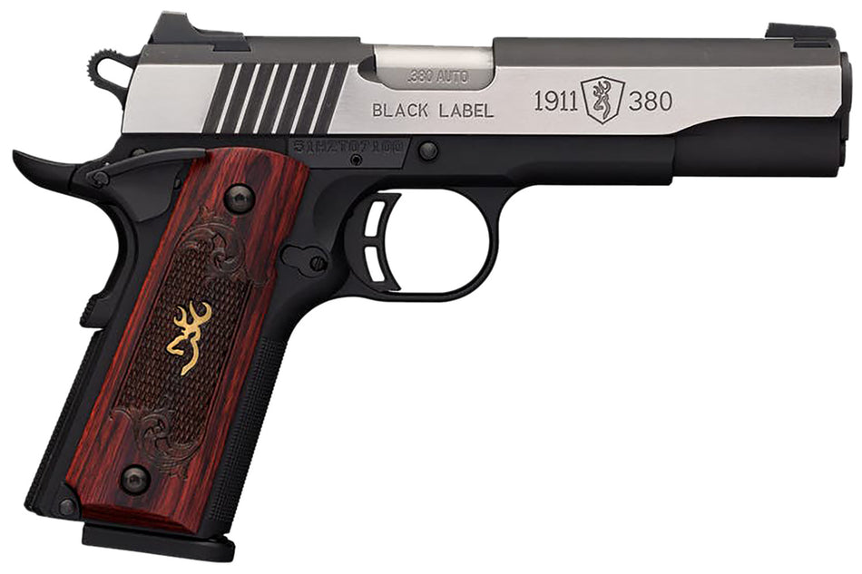 Browning 051912492 1911-380 Black Label Medallion Pro 380 ACP 8+1 4.25" Target Crown Barrel, Blackened w/Silver Polished Flats Serrated SS Slide, Matte Black Polymer Frame w/Beavertail