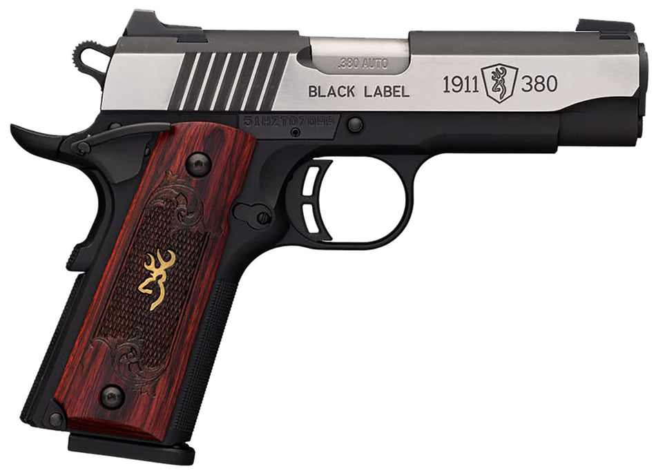Browning 051913492 1911-380 Black Label Medallion Pro Compact 380 ACP 8+1, 3.63" Target Crown Steel Barrel, Blackened w/Silver Polished Flats Serrated SS Slide, Matte Black Polymer Frame w/Beavertail