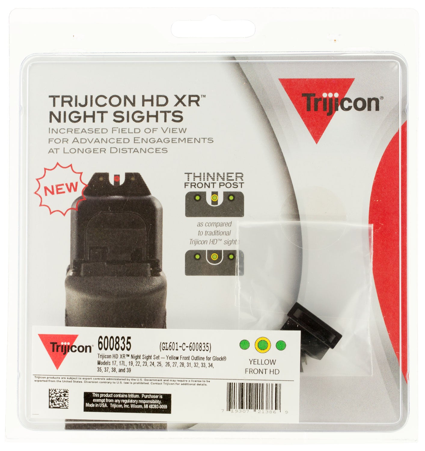 Trijicon HD XR Night Sight Set Yellow Outline Front Green Rear Glock 17 19 22 Standard Frame – 600835