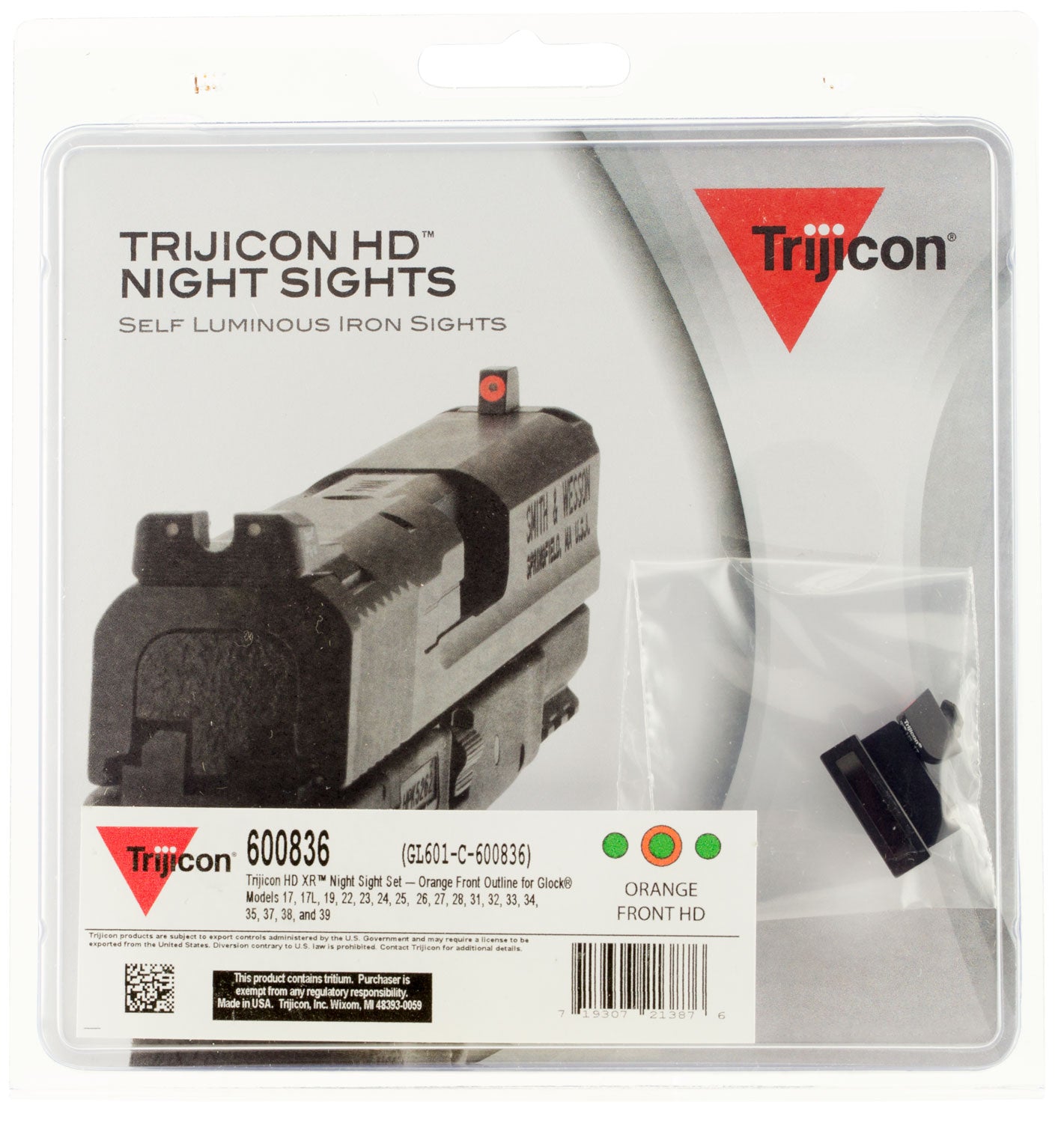 Trijicon HD XR Night Sight Set Orange Outline Front Green Rear Glock 17 19 22 Standard Frame – 600836