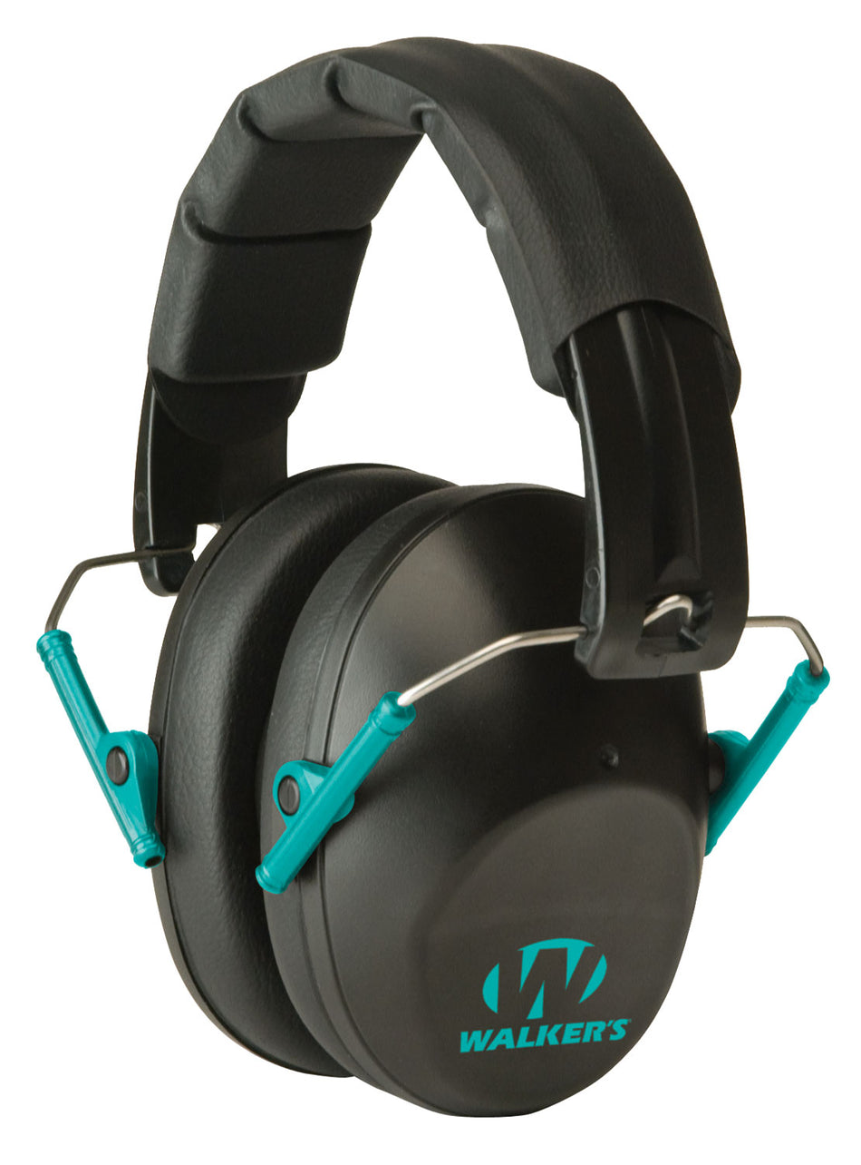 Walker's Pro Low Profile Passive Earmuff 22dB NRR Black/Teal Accent Folding Design
