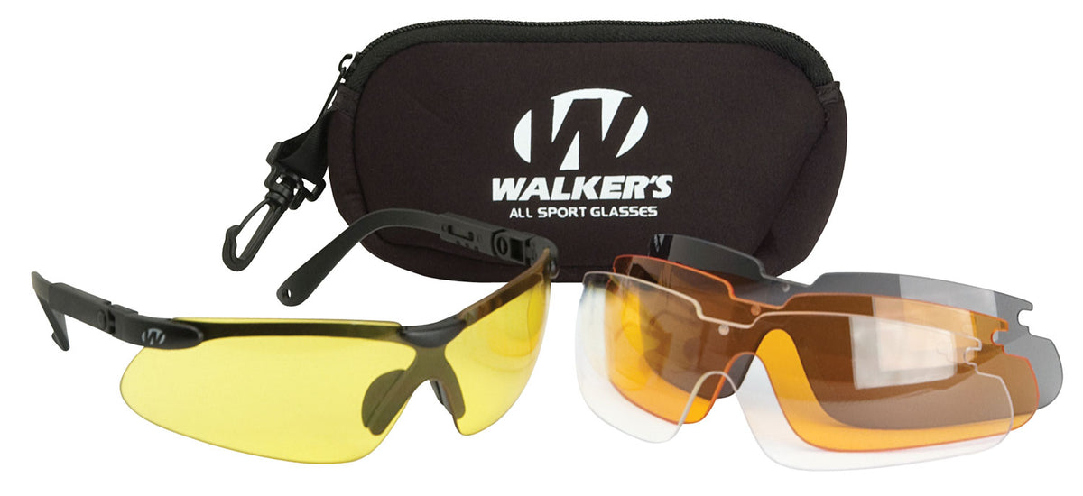 Walker's GWPASG4L2 Adult Sport Glasses Kit – Clear, Smoke Gray, Amber & Yellow Lenses, Black Frame