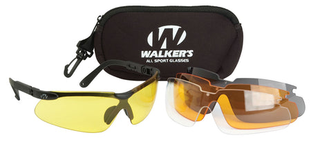 Walker's GWPASG4L2 Adult Sport Glasses Kit – Clear, Smoke Gray, Amber & Yellow Lenses, Black Frame