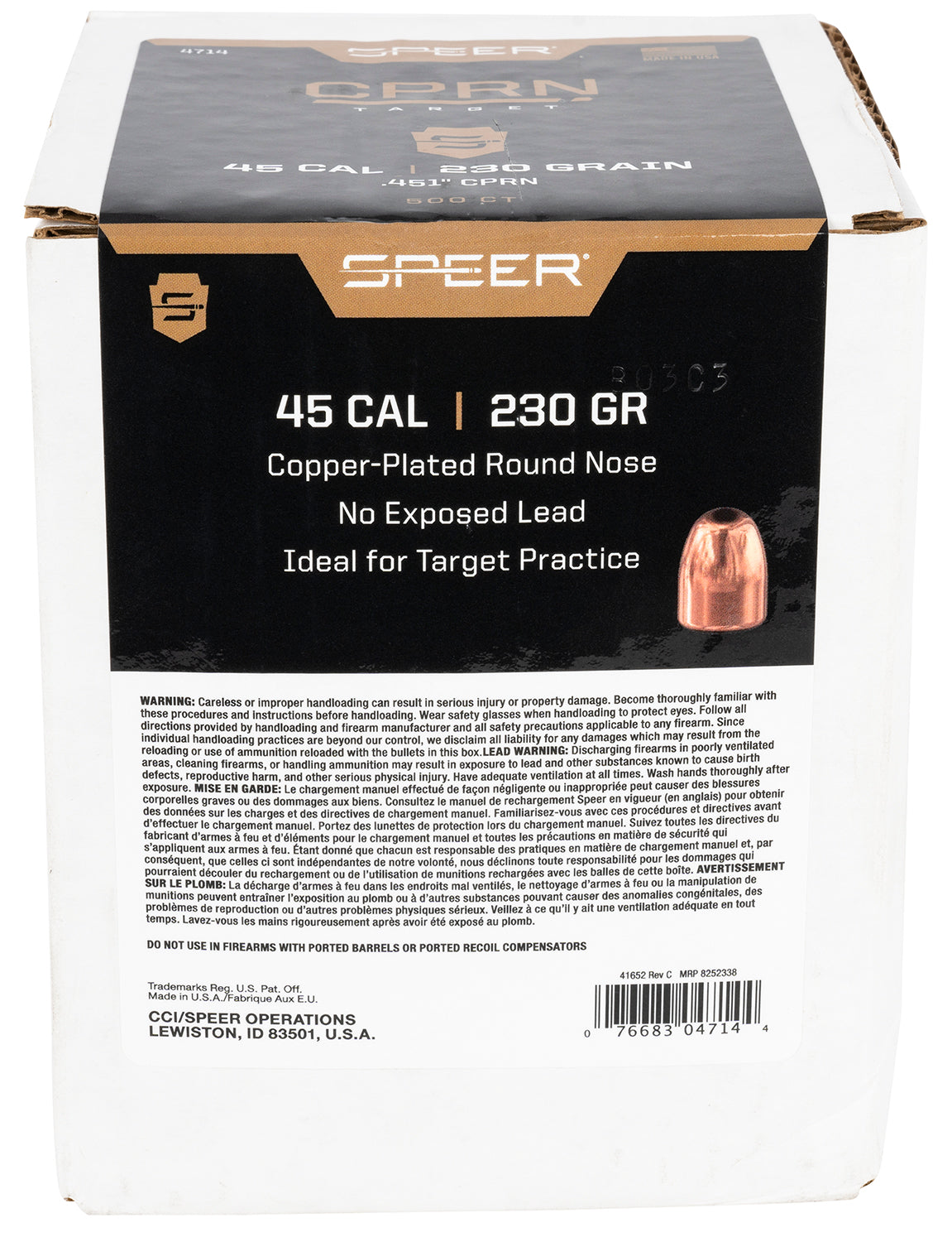 Speer Plinker .45 Caliber 230 Grain Copper-Jacketed Round Nose Bullets 500ct