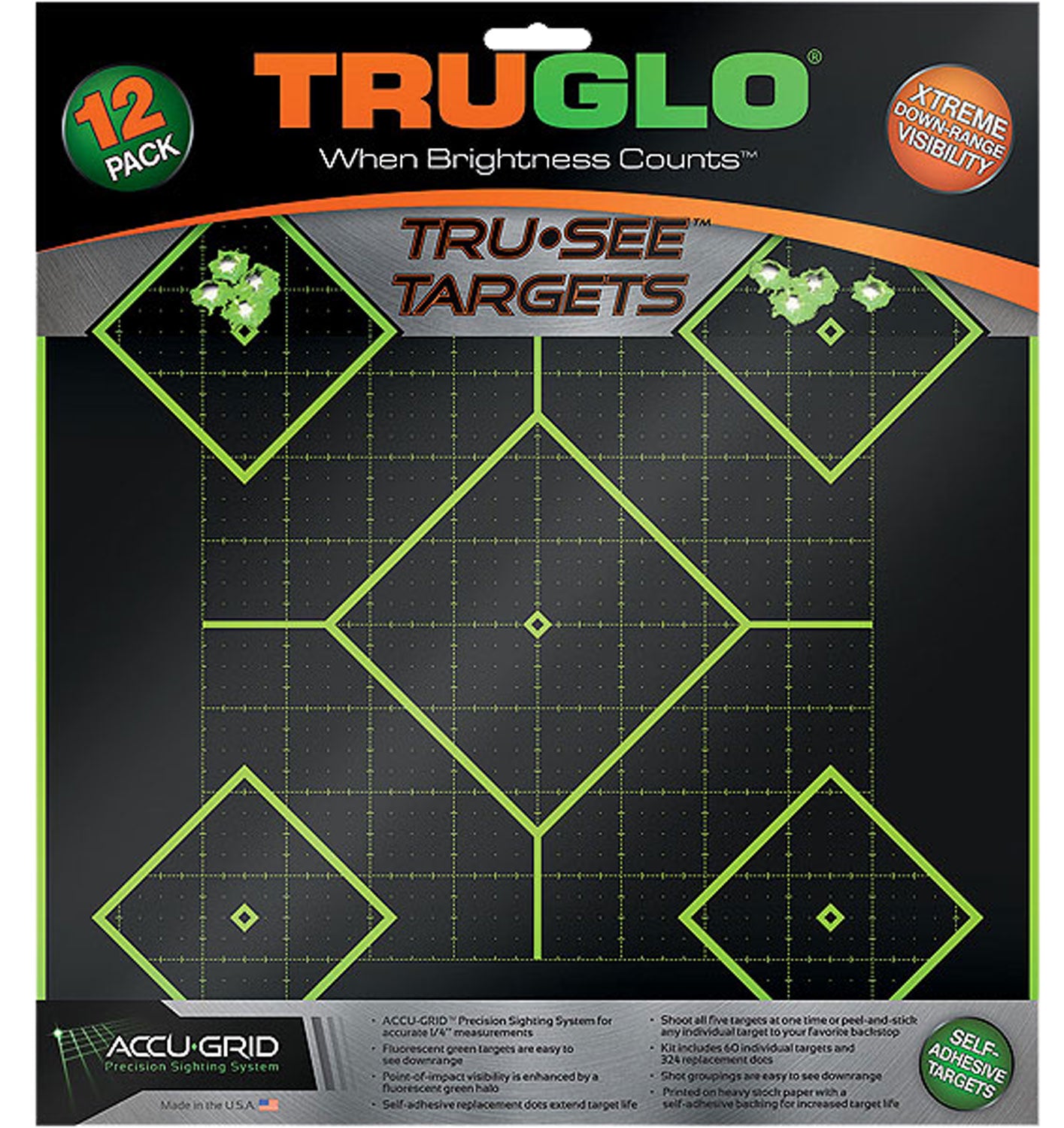 TruGlo Tru-See 5-Diamond Adhesive Heavy Paper Black and Green Shooting Target 12"x12" 12 Pack