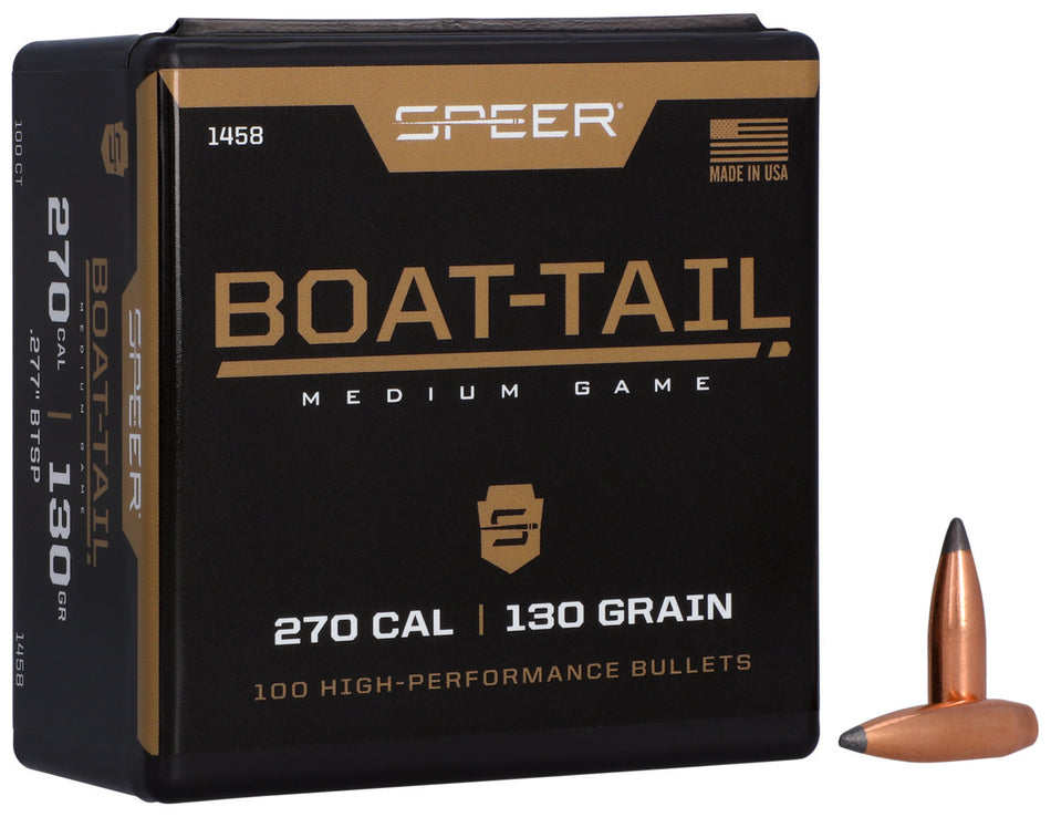 Speer Boat-Tail 270 Caliber 130 Grain Spitzer Soft Point Reloading Bullets 100 Per Box