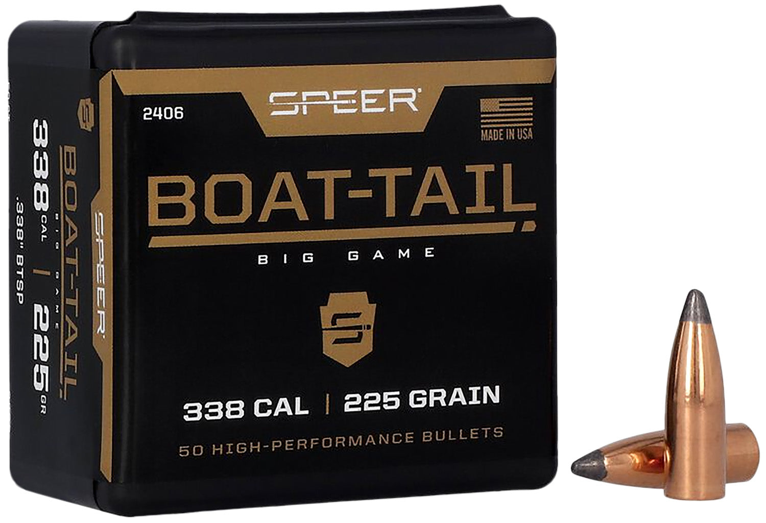 Speer 2406 Boat-Tail .338 Cal 225gr Spitzer BTSP Rifle Bullets