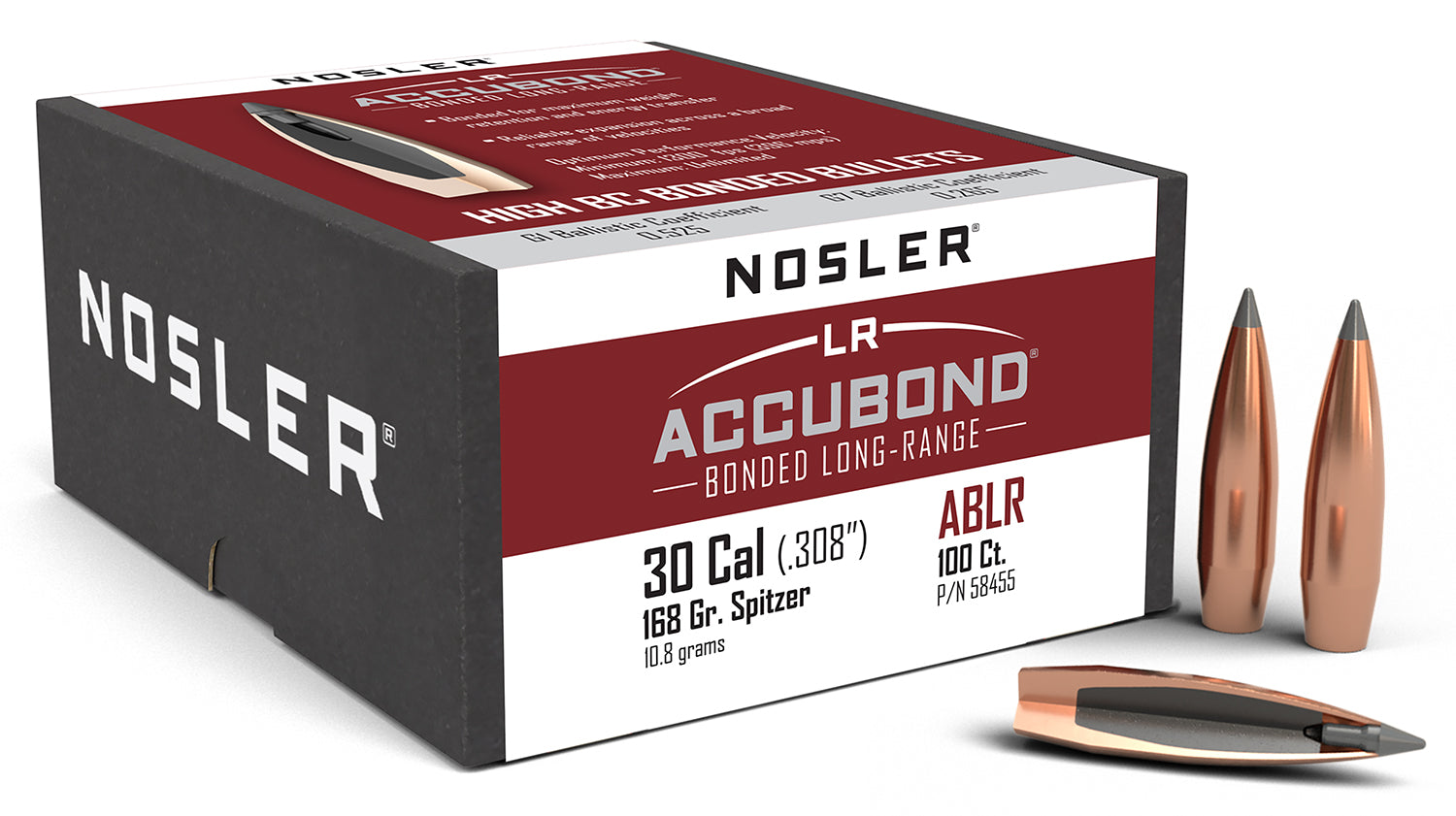 Nosler AccuBond LR 30 Caliber 168gr Spitzer BT Long Range Hunting Bullets 100/Box