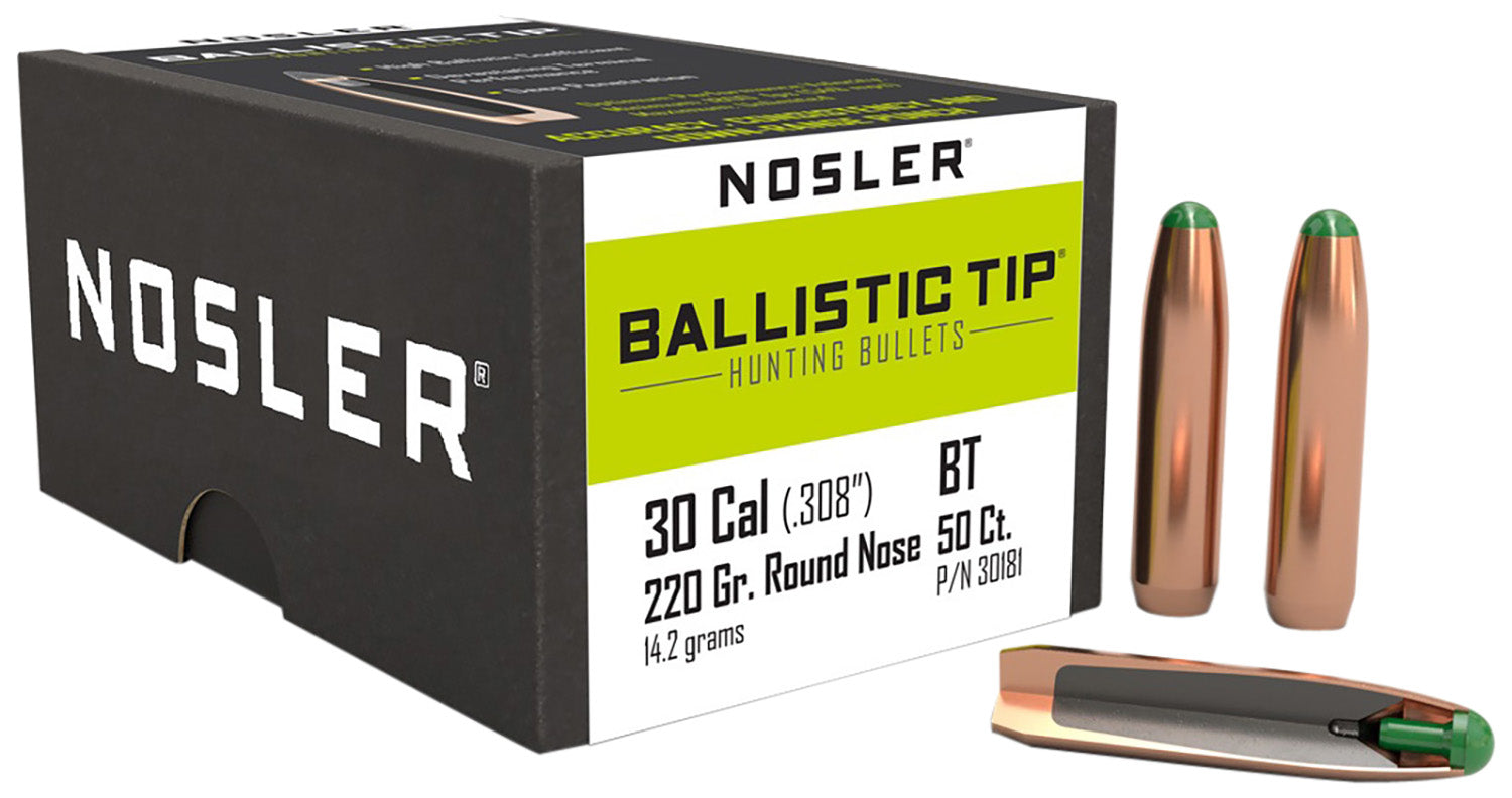 Nosler Ballistic Tip 30Cal 220 Grain Round Nose Deer Bullets 50/Box