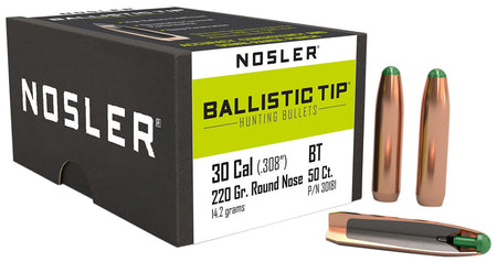 Nosler Ballistic Tip 30Cal 220 Grain Round Nose Deer Bullets 50/Box