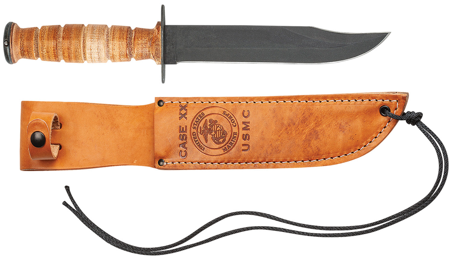 Case 00334 USMC 7" Fixed Clip Point Knife, Blackened Carbon Steel Blade, Leather Handle Includes Sheath