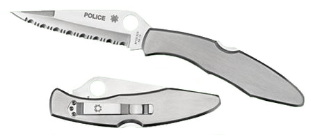 Spyderco C07S Police 4.13" Folder Part Serrated Spear Point VG-10 SS Blade, Stainless Handle Includes Pocket Clip