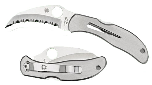 Spyderco C08S Harpy 2.75" Folder Hawkbill Fully Serrated VG-10 SS Blade, Stainless Steel Handle Includes Pocket Clip