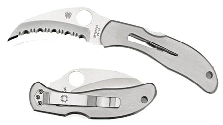 Spyderco C08S Harpy 2.75" Folder Hawkbill Fully Serrated VG-10 SS Blade, Stainless Steel Handle Includes Pocket Clip