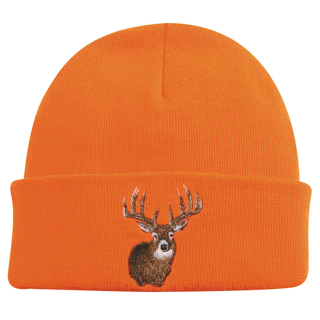 Outdoor Cap Knit Cuff Watch Cap Blaze Orange w/Deer Embroidery