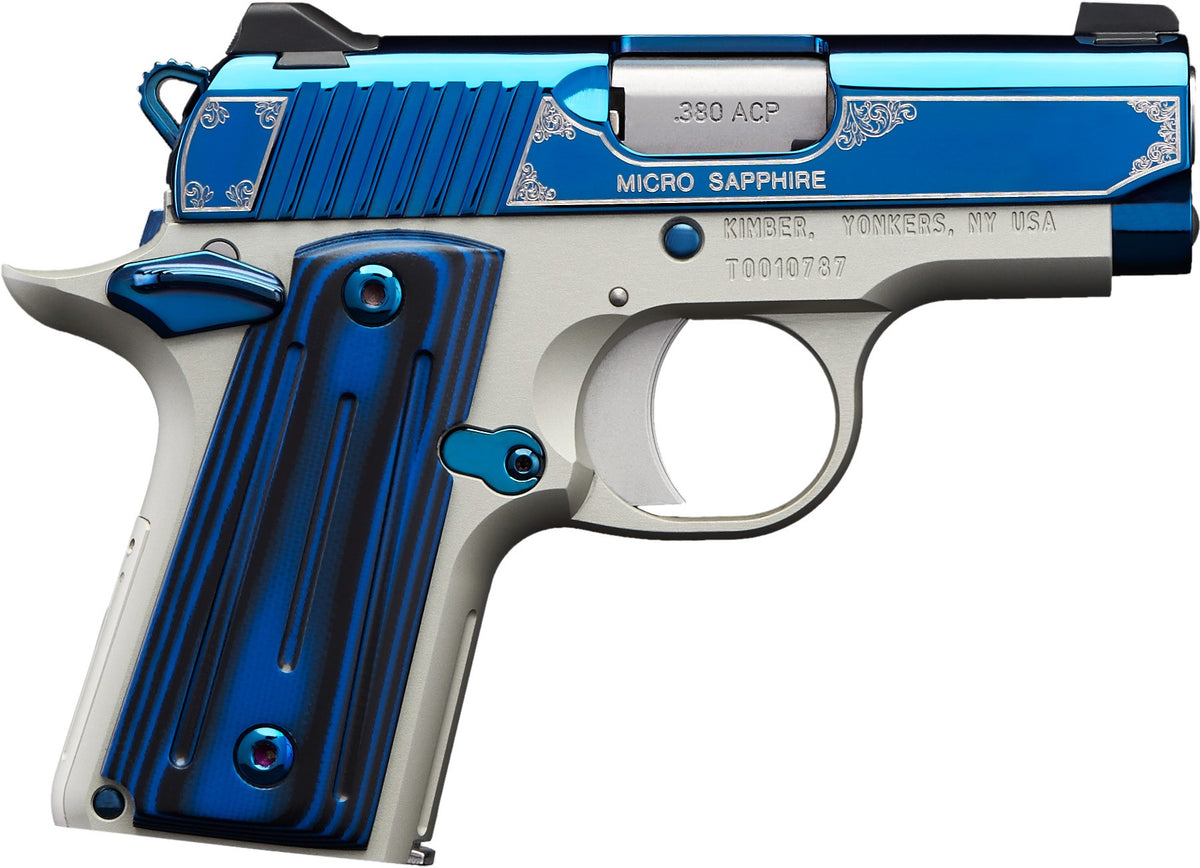 Kimber Mfg.,inc 3300090 Micro Sapphire NS 380 ACP 7+1 2.75" Polished Bright Blue PVD Coating Cut Scroll Engraving and Border Stainless Steel Thin blue/black ball-milled G-10 Grip
