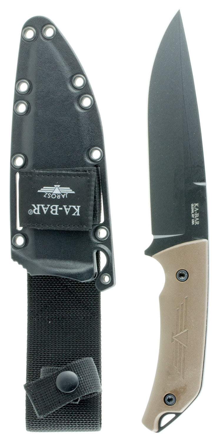Ka-Bar 7503 Jarosz Turok 6.25" Fixed Blade, Plain Black 1095 Cro-Van Blade, Brown Ultramid Handle, Sheath