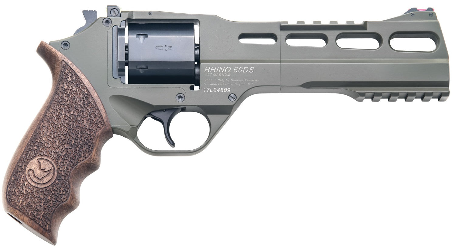 Chiappa Firearms 340282 Rhino 60DS Large Frame 357 Mag 6 Shot, 6" Green Cerakote Steel Vent Rib Barrel, Blued Steel Cylinder, Green Cerakote Aluminum Frame, Walnut Grip, Concealed Hammer