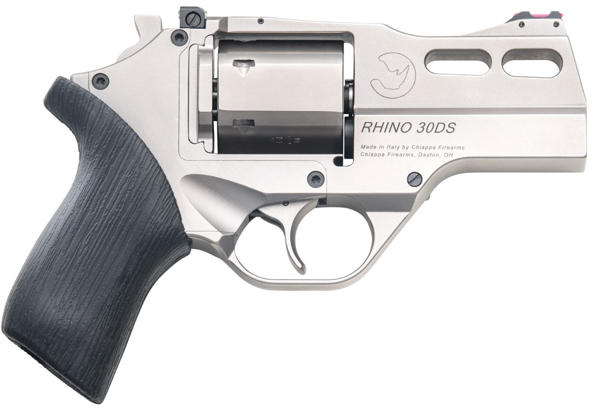 Chiappa Firearms 340290 Rhino 30DS Small Frame 357 Mag 6 Shot, 3" Nickel-Plated Steel Vent Rib Barrel & Cylinder, Nickel-Plated Aluminum Frame, Black Rubber Grip, Concealed Hammer