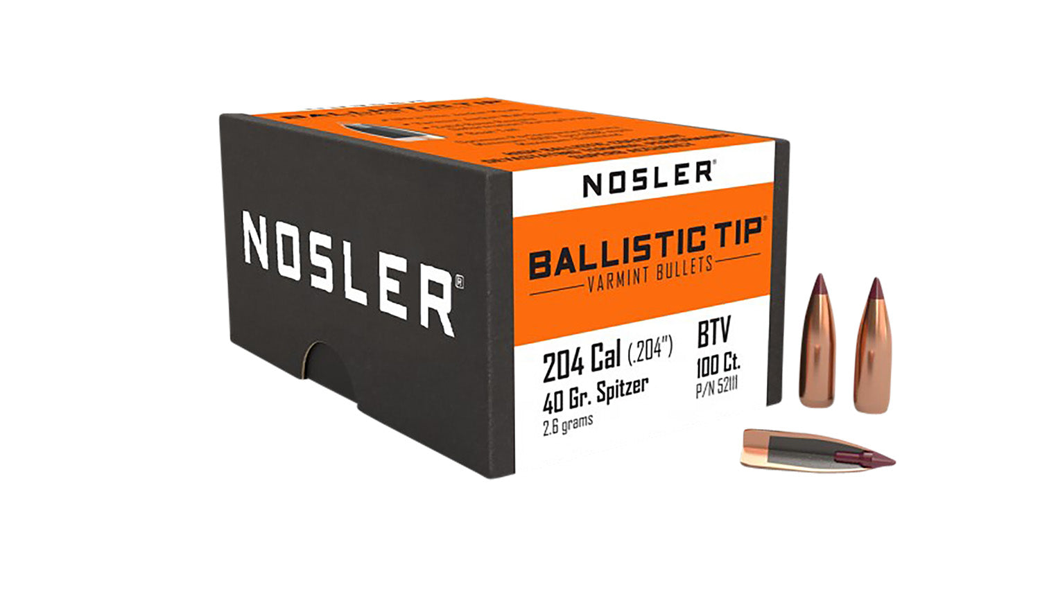 Nosler Ballistic Tip 204 Ruger 40 Grain Spitzer Varmint Bullets 100/Box