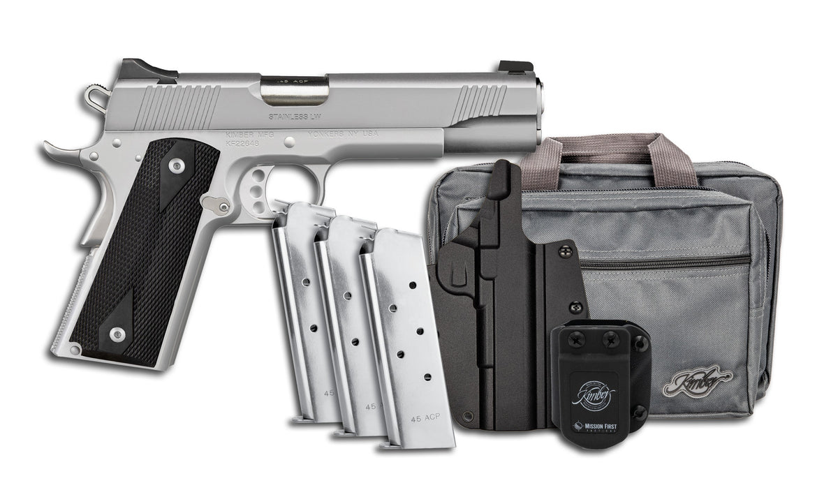 Kimber Mfg, Inc 3700826 Stainless LW Club Bundle Full Size Frame 45 ACP 7+1 5" Stainless Match Grade Barrel, Serrated Stainless Steel Slide, Stainless Aluminum Frame w/Beavertail, Black Textured Grip