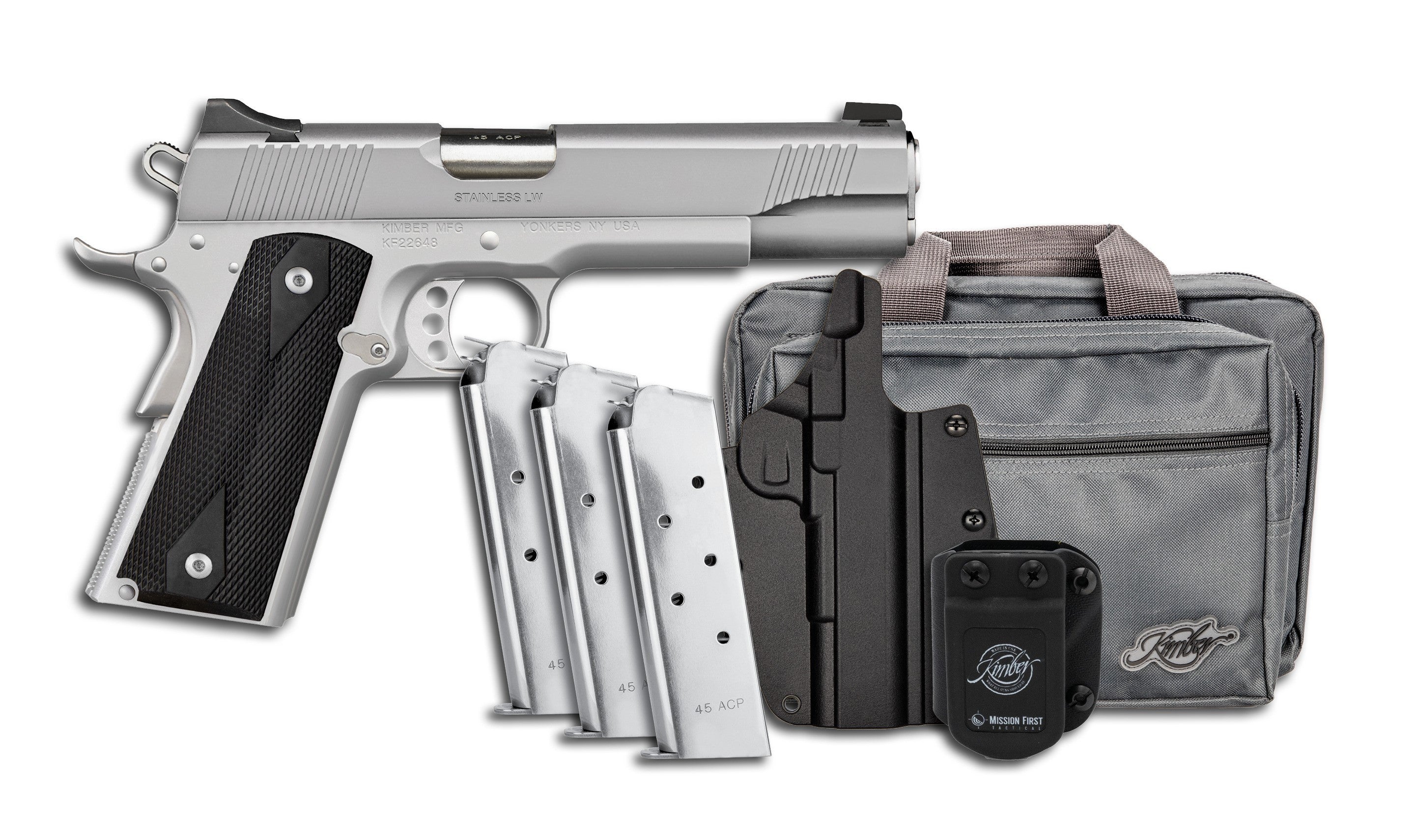 Kimber Mfg, Inc 3700826 Stainless LW Club Bundle Full Size Frame 45 ACP 7+1 5" Stainless Match Grade Barrel, Serrated Stainless Steel Slide, Stainless Aluminum Frame w/Beavertail, Black Textured Grip