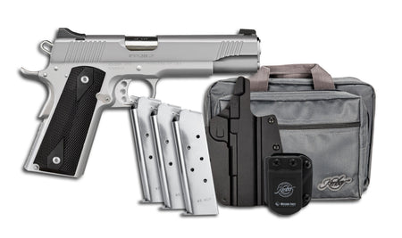 Kimber Mfg, Inc 3700826 Stainless LW Club Bundle Full Size Frame 45 ACP 7+1 5" Stainless Match Grade Barrel, Serrated Stainless Steel Slide, Stainless Aluminum Frame w/Beavertail, Black Textured Grip