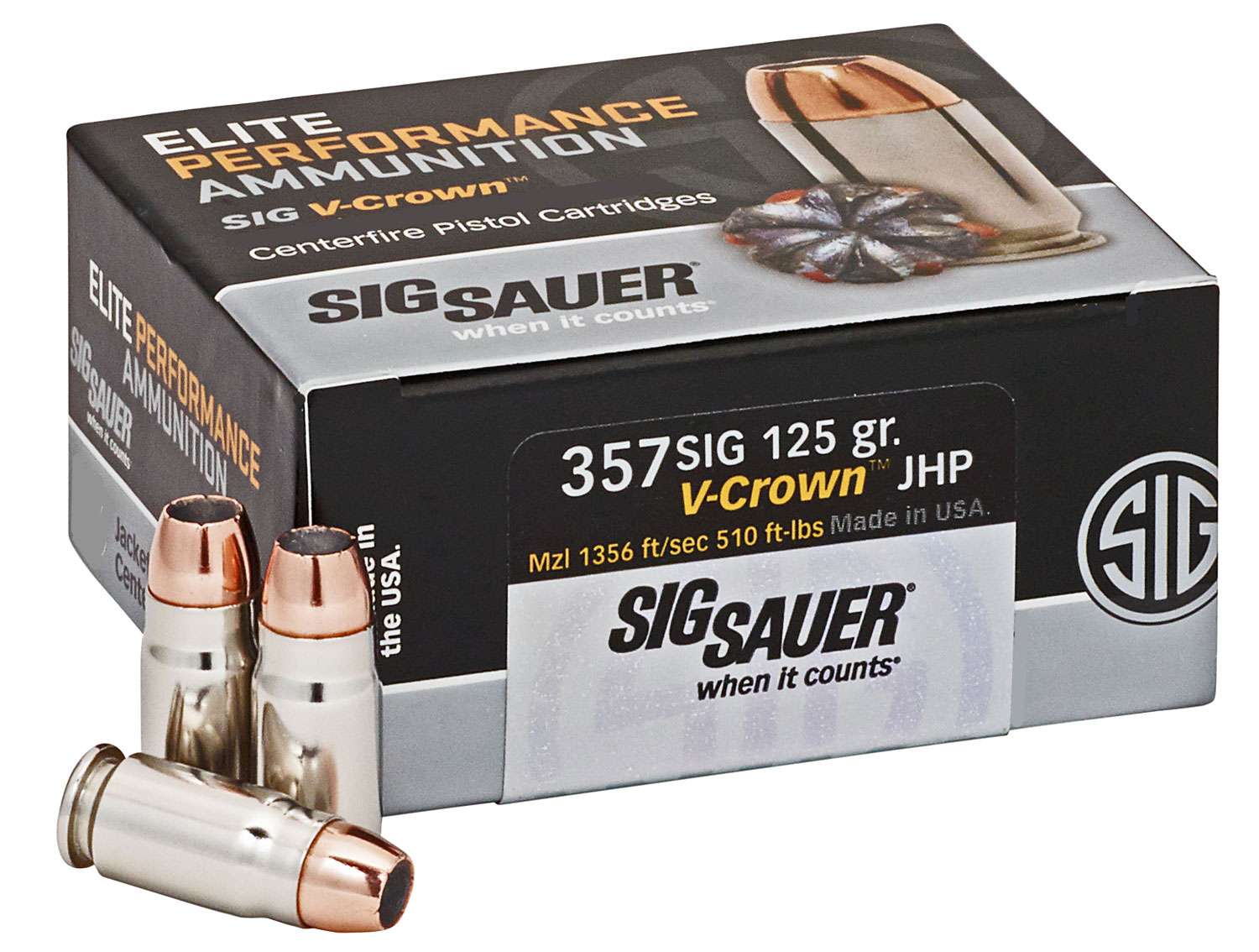 Sig Sauer .357 Sig Elite Defense V-Crown Home Defense 125 grain V-Crown Jacketed Hollow Point (VJHP) ammunition