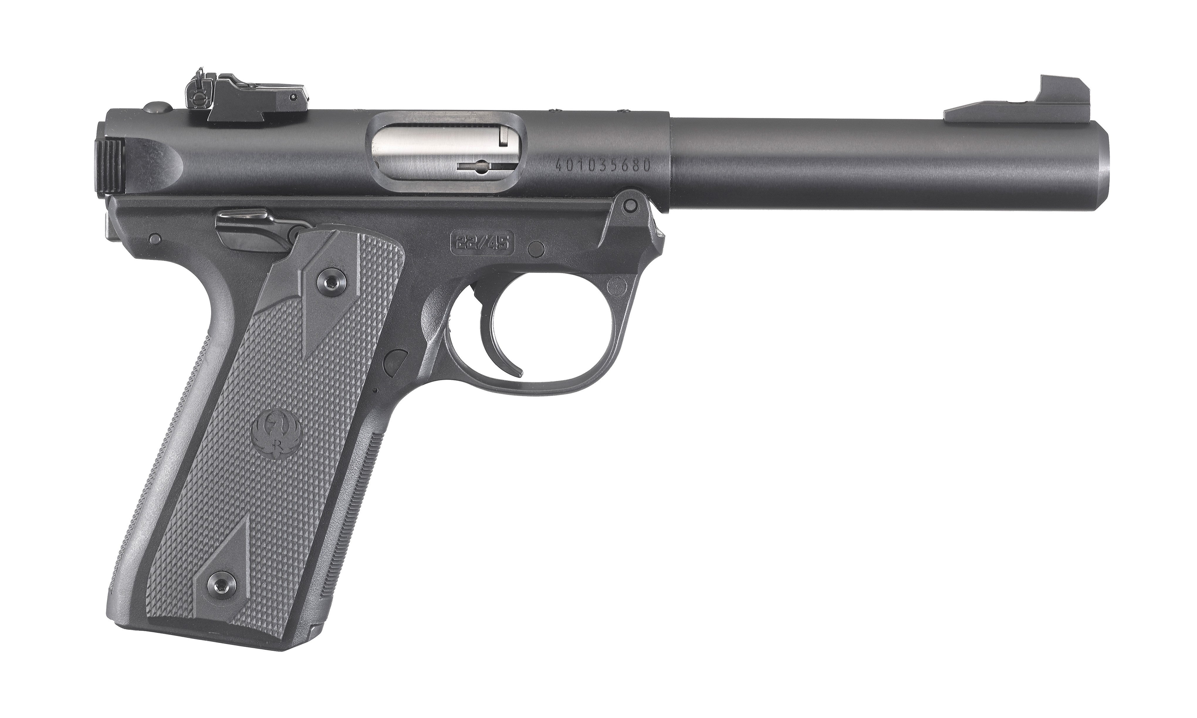 Ruger Mark IV 22/45 22 LR 10+1, 5.50" Stainless Bull Barrel, Blued Drilled & Tapped Steel Receiver & Polymer Frame, Black Checkered Polymer Grip Ambidextrous