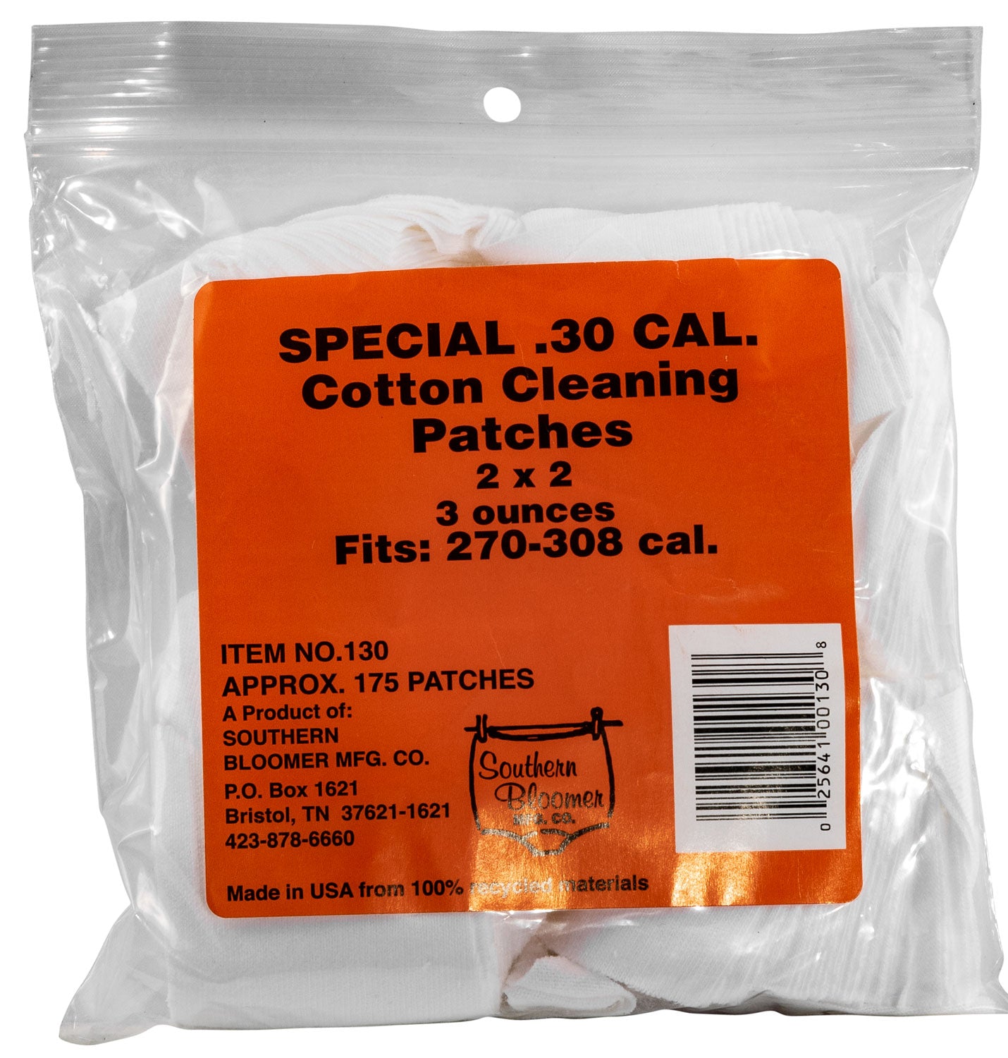Southern Bloomer 130 30 Cal Cotton Threadless Gun Cleaning Patches 175 Count