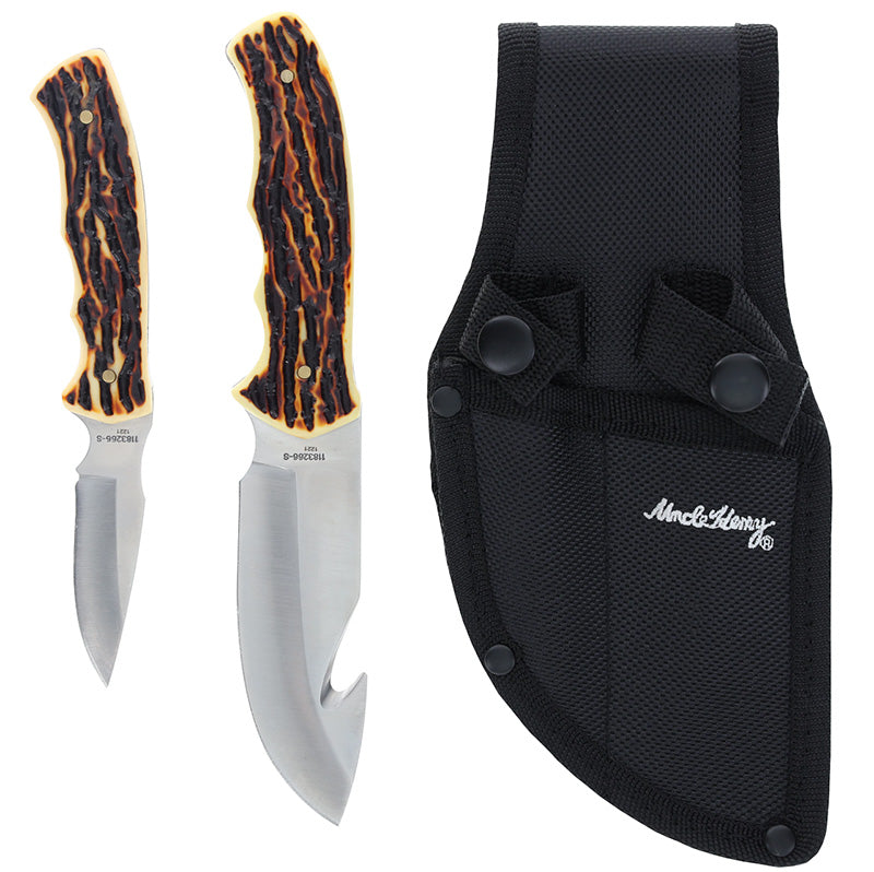 Uncle Henry 2 Knife Set Fixed Blade Guthook & Skinner Staglon Handle Satin